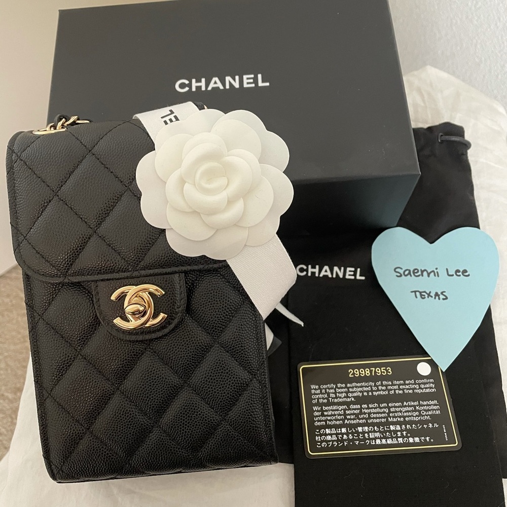 Chanel Phone Holder in Black Caviar w/ GHW